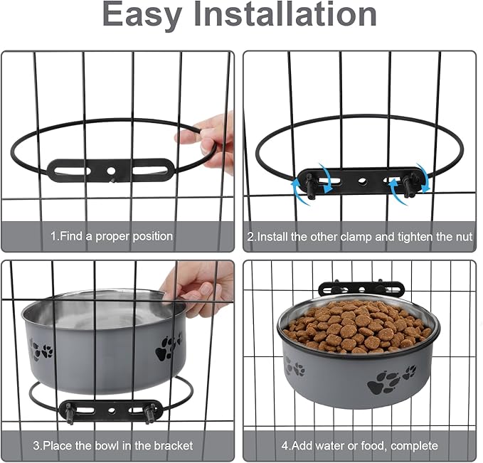 Dog Bowl Kennel Water Bowl Hanging Stainless Steel Pet Food Water Bowl Cage Feeding Cup Feeder for Medium and Small Dogs Cats (Gray, Large 7.1")
