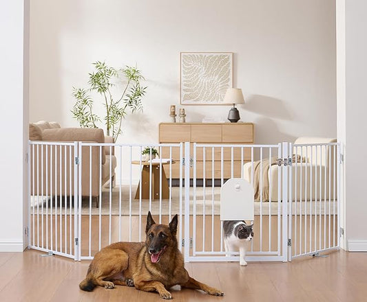 No Pawblems Free Standing Dog Gate with Cat Door, 30'' Tall Foldable Dog Fence for Indoor & Outdoor, Up to 104 Inch Extra Wide Puppy Gate for Stairs, Hallways, Doorways, Deck, Yard (White, 4 Panels)