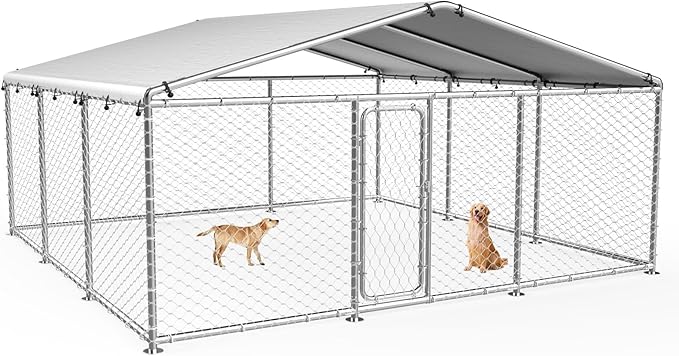 15.3x15.3FT Outdoor Dog Kennel, Heavy Duty Metal Dog Enclosure with Waterproof Oxford Roof & Security Lock, Galvanized Steel Wire Mesh Dog Run for Large Dogs & Small Animals (183x183x83IN)