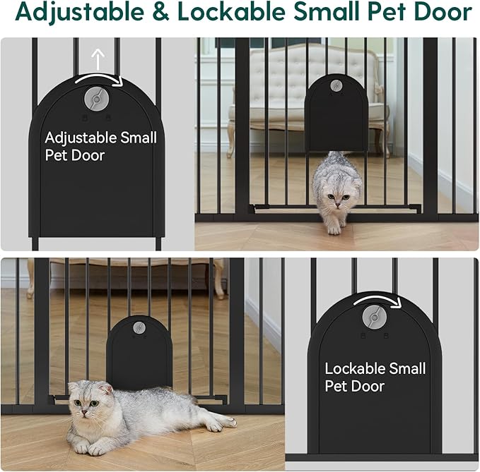 BABELIO 30-43" Baby Gate with Cat Door, Adjustable Metal Pet Door, Auto Close Dog Gate Indoor, No Drilling Pressure Mounted Easy Walk Thru for Doorway and Stairs, Black