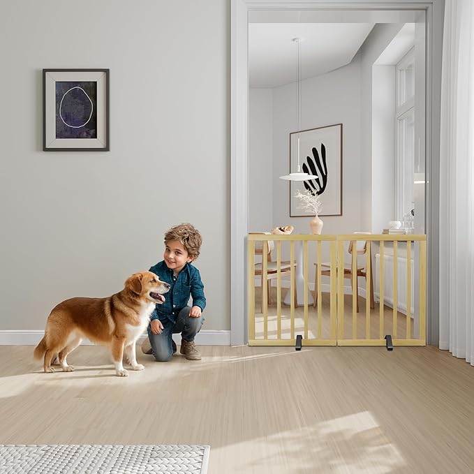 Semiocthome Dog Gate Indoor 2-Panel Freestanding Puppy Fence for House with 2 Metal Stands 24" H Folding Wood Pet Safety Fence for Stairs Doorway, Fully Assembled - Natural