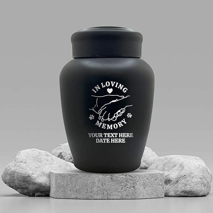 Personalized Custom Dog Urn Engraved Dog Name and Date - Stainless Steel Large Cremation Urn for Larger Dogs Ashes with Airtight Closure | 150 Cubic Inch Capacity | Hand and Paw - Holding
