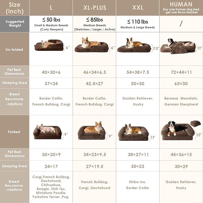EHEYCIGA Foldable XL Dog Bed, 46"x34"x6.5" Faux Fur Fluffy Pet Couch Bed for Large Dogs, Orthopedic Calming Memory Foam Big Pet Bed, Washable Soft Pet Sofa Bed with Non-Slip Bottom, Brown