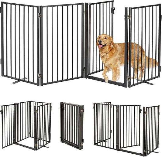 Metal Freestanding Dog Gates with Door for Outdoor Indoor,80'' Extra Wide 36'' Tall Free Standing Dog Gate for Doorways,Large Openings,Deck,Yard,Porch,Foldable Safety Pet Fence(Black,4 Panels)
