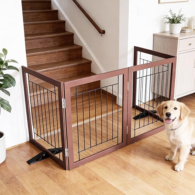 ZJSF Freestanding Dog Gate Indoor, Foldable Dog Fence for Doorways,Hallways or Stairs, Sturdy Wood Extra Wide Pet Gate with Support Feet,Brown,24 "Height-4 Panels