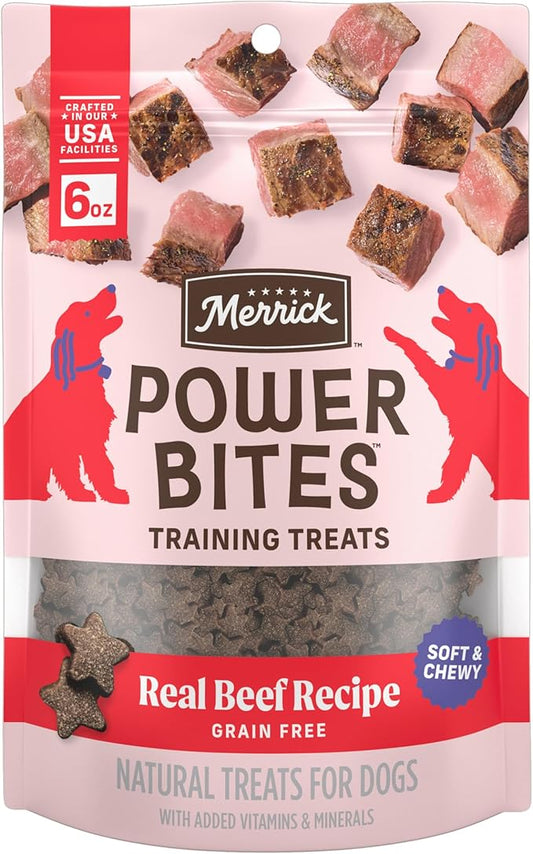 Merrick Power Bites Natural Soft And Chewy Real Meat Dog Treats, Grain Free Snack With Real Beef Recipe - 6 oz. Bag