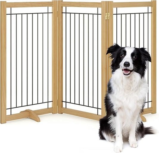 Wire Dog Gate Solid Wood Frame, Anti-Chewing, 3-Panel, 36" Height, 60" Width, Indoor Freestanding Pet Gate Foldable Wooden Dog Fences for Stairs, House, Doorway, Oak Color