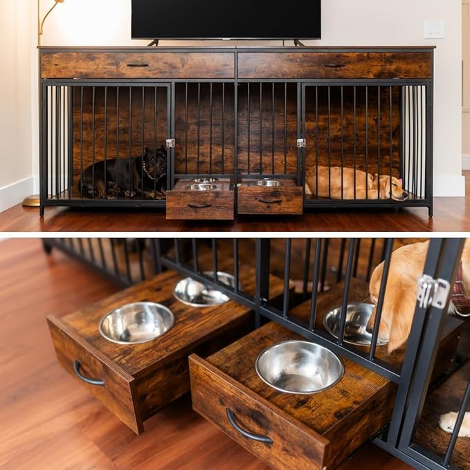 YITAHOME 91.3" Double Dog Crate Furniture with Dog Feeder, Heavy Duty Indoor Dog Kennel TV Stand with Drawers, Sturdy Dog Kennel with Divider for 2 Medium Large Dogs, Brown