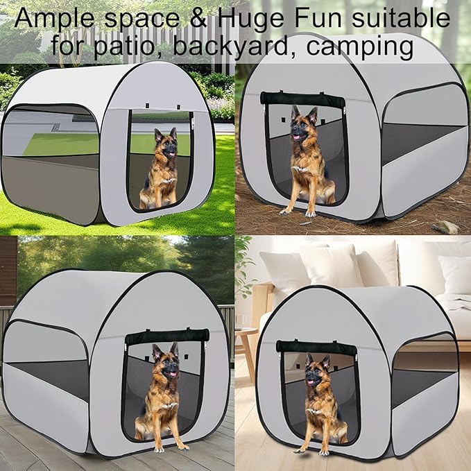 LUCKITTY Pop-Up Dog Kennel Enclosure Large - Large Portable Outdoor Pet Crate with Carry Bag, Waterproof Travel Carrier for Camping Home, Grey