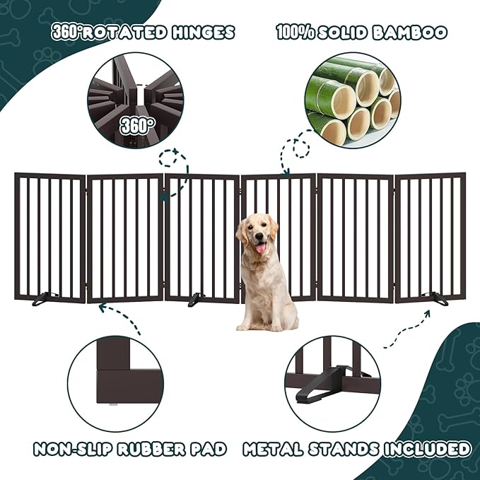 Semiocthome Freestanding Dog Gate Indoor 32" Tall, 6-Panel Wooden Dog Gates for Doorways Stairs, Foldable Pet Gate Safety Fences Indoor (110" W,Espresso)