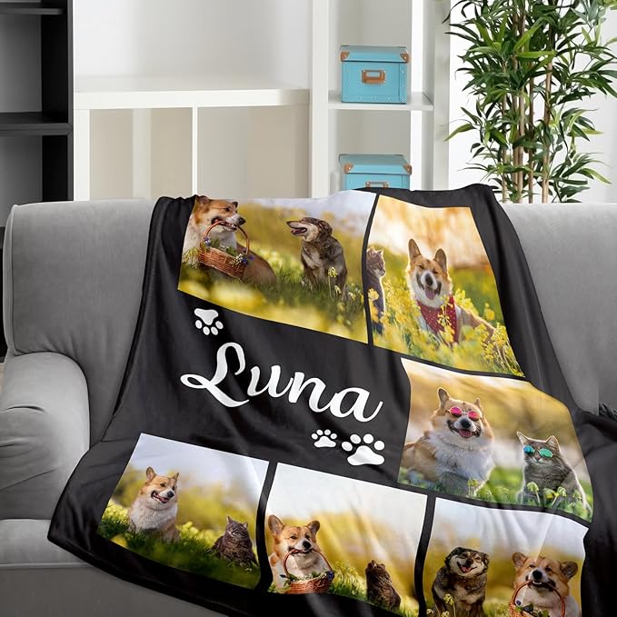 Custom Pet Blanket, Personalized Dog Blanket with Photo and Name, Customized Soft Flannel Blanket Gift for Pet Lover, Birthday, for Pet Animal Women Men Dog Lovers Memorial Gift