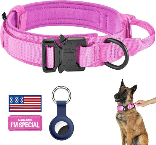 DAGANXI Tactical Dog Collar, Adjustable Military Training Nylon Dog Collar with Control Handle and Heavy Metal Buckle for Medium and Large Dogs, with Patches and Airtags Case (XL, Pink)