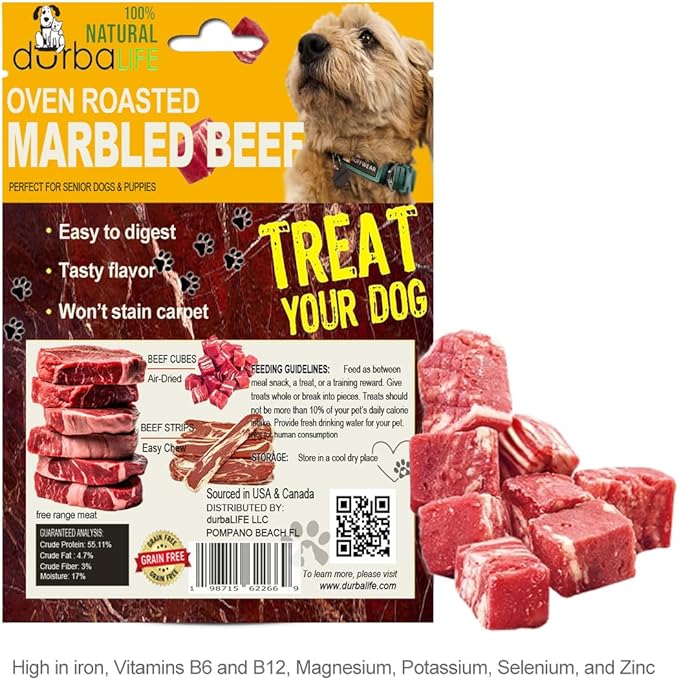 Oven Roasted Single Ingredient Treats for Dogs & Cats | Easy Chew (3.1 oz, Marbled Beef Cubes)