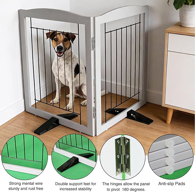 Dog Fence Indoor,Dog Gate Indoor for Doorway pet gate -2-Panel Freestanding, Hallways, House or Stairs -40x32-Inch Retractable Foldable Expandable Wood Pet by SFJC (Grey) ﻿