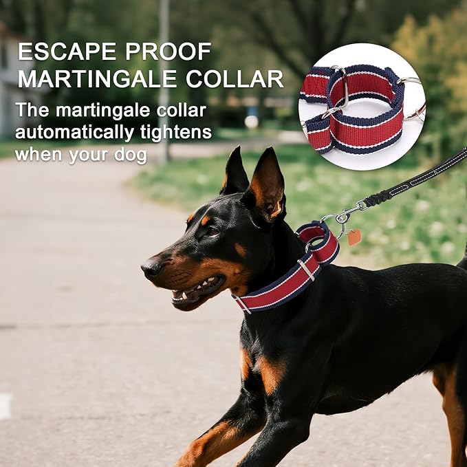 Martingale Collar 1.5 Inch Wide 1600D Extra Strong Anti Escape Nylon Dog Collar, No Pull Heavy Duty Pet Collars with 3-Color Stripe for Large to XLarge Dogs (XL, Orange & Gray)