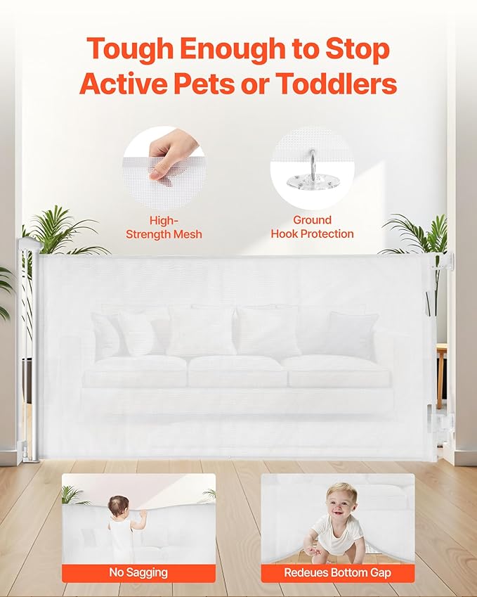 VEVOR Retractable Baby Gate, Extends to 72.8 inch Wide, 31.3 inch Tall, with Security Lock, Easy to Use, Walk Through Without Tripping, Mesh Dog Gate for Stairs, Hallways, Indoor/Outdoor, White