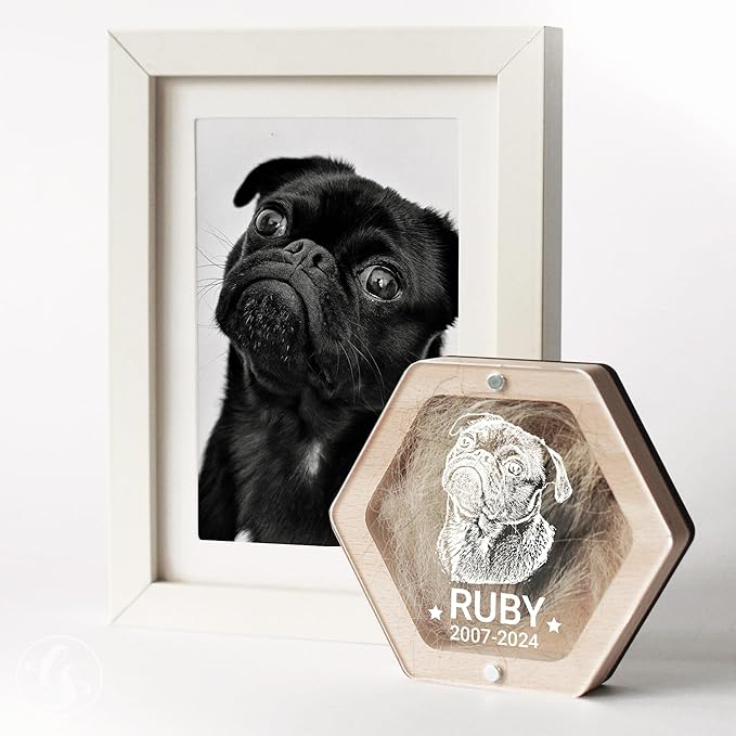Personalized Pet Hair Keepsake Box for Dog and Cat Fur - Engraved Wood Memorial Box - Unique Customized Gift for Loss of Furry Friend Wooden (Light Diamand Clear Lid, With Photo)