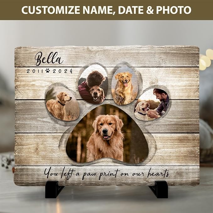 Paw Print on Our Hearts Custom Plaque with Photos - Forever Loved Pet Memorial Stone Gift for Dog Lover - Commemorative Garden Decor, Unique Stepping Stones in Loving Memory of Dogs, Pets
