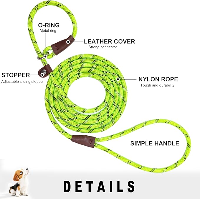 7ft Slip Lead Dog Leash for Small Dogs, No Pull Puppy Training Lead, Lightweight Sturdy Pet Slip Rope Leash, Green