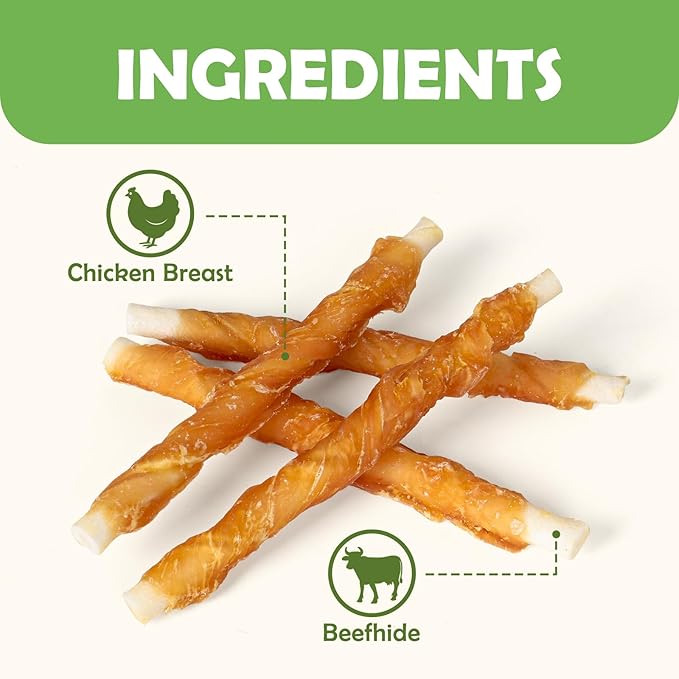 MON2SUN Dog Treats, 5 Inch Rawhide Twist Chicken Hide Sticks, Suitable for Puppy and Small Dogs, 5 Inch (Chicken, Pack of 50)