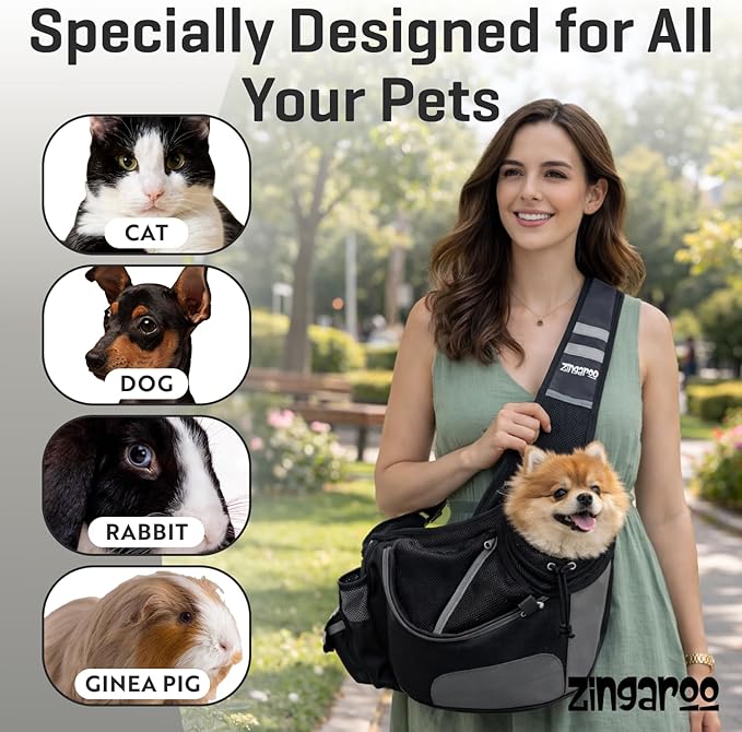 Hands-Free Sling Pet Carrier for Cats and Small Dogs up to 12lbs – Travel Set Includes Foldable Water Bowl & ID Card – Breathable Mesh, Safety Hook & Adjustable Padded Strap for Walking & Travel