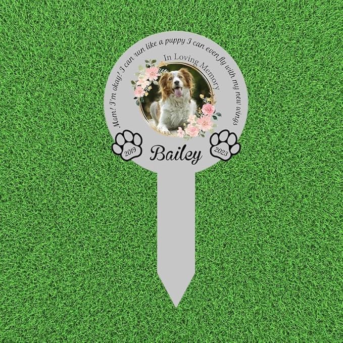 Personalized Dog Memorial Stake Custom Dog Photo Mom I'm Okay Metal 8x8 inch Pet Grave Marker Pet Loss Gift Sympathy Gift (Style 24)