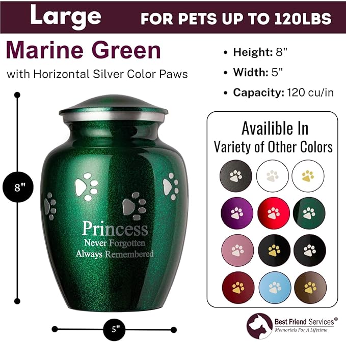 Ottillie Paws Premier Series Pet Urn for Dogs with Personalized Laser Engraving (Large - Pets up to 115 lbs, Marine Green with Horizontal Pewter Paws)