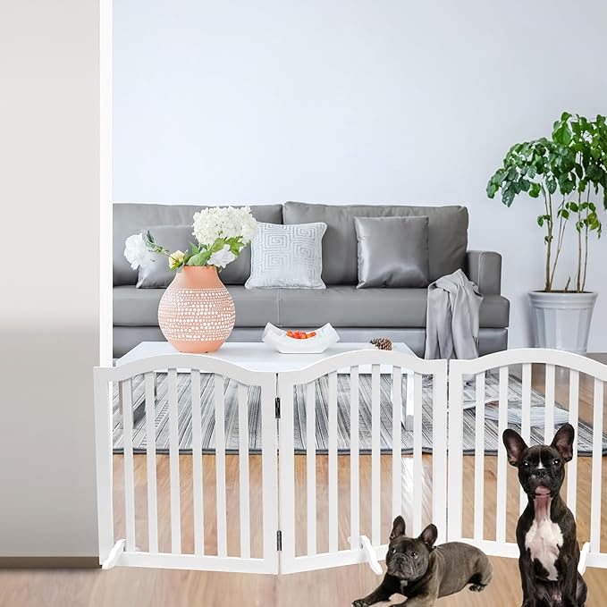 Foldable Wooden Dog Gate - 3-Panel Freestanding Pet Fence, 23.6 Inches, White - Suitable for Doorways & Stairs, Also Works as Baby Gate.