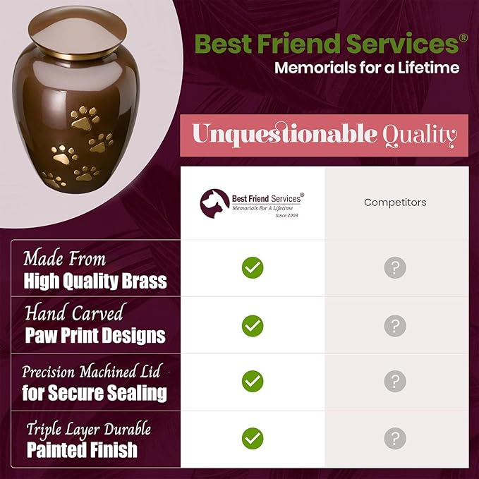 Ottillie Paws Legacy Series Pet Urn for Dogs, Handmade Brass Memorial Cremation Urn (Medium - Pets up to 65 lbs, Harvest Brown Vertical Brass Paws)