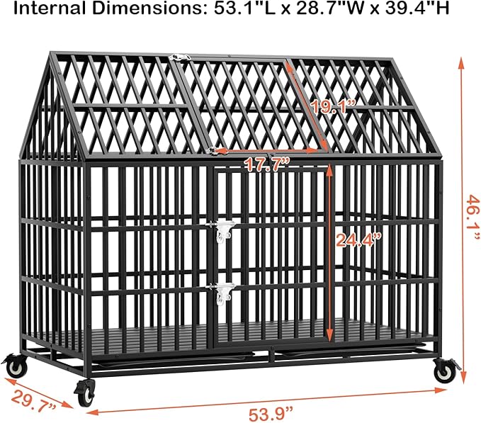 54 inch Indestructible Heavy Duty Dog Crate with 2 Bowls, Escape-Proof Indoor Impact Dog Cage for Large Giant Dogs, High Anxiety Pet Kennel with 2 Trays, 4 Wheels, 4 Locks and Double Door, XL XXL