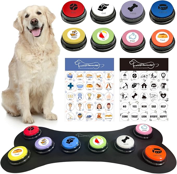 8 Color Voice Recording Button with Rubber Mat, Dog Buttons for Communication Pet Training Buzzer, 30 Second Record & Playback,Funny Gift for Study Office Home