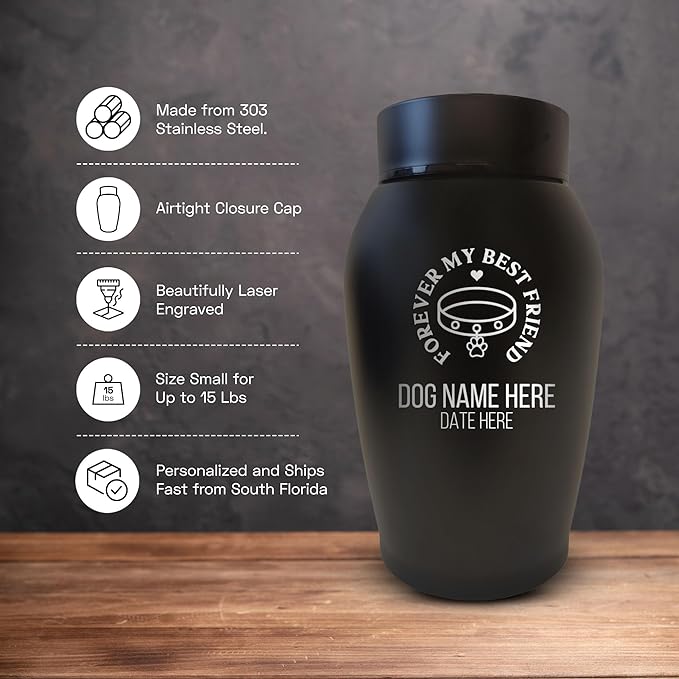 Personalized Custom Small Keepsake Urn Engraved with Pet Name, Date, and Dog Design - 5.2" Black Powder Coated Steel Cremation Urn for Dogs Ashes | 12-16 lb Capacity, Forever My Best Friend