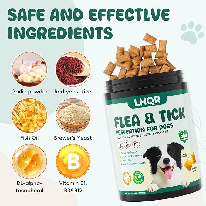 500 PCS Flea and Tick Prevention for Dogs Chewable, Natural Oral Flea and Tick Treatment, Dog Flea Chews Support Skin & Digestive Supplement for Puppies & All Breeds, Chicken Flavor
