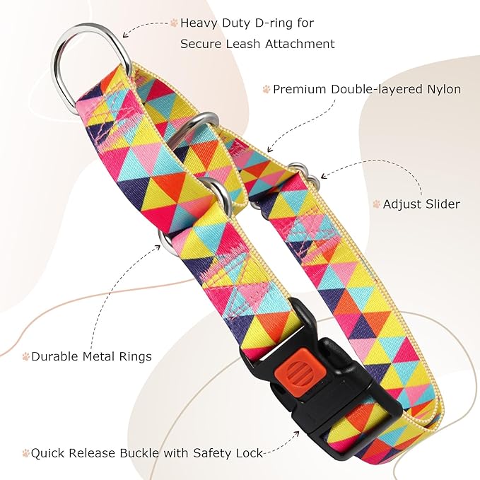 Martingale Collar for Dogs, Colorful Triangle Design Dog Collar for Small Medium Large Dogs, Adjustable Heavy Duty Dog Collars for Training, Walking, Hunting (S)