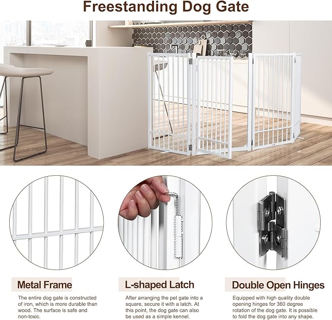 Metal Freestanding Dog Gate with Door, Extra Wide 81", 31" Height Foldable Dog Gates for Doorways, Tall Pet Fence Indoor Outdoor Pet Gates, 4 Panels Pet Barrier for Stairs Hallways, White