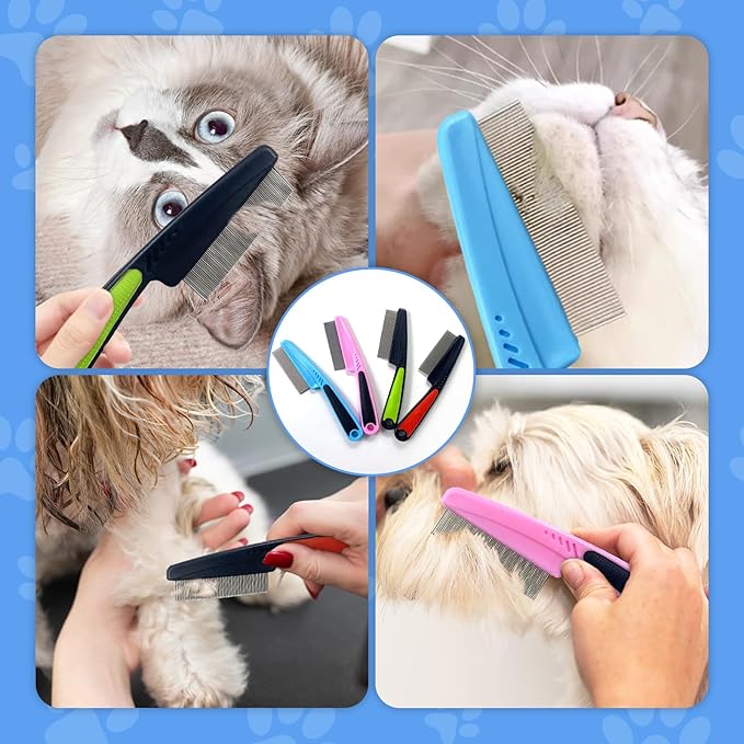 Flea Comb with Rubber Handle, 2025 Upgraded Fine Tooth Dandruff Comb for Dogs & Cats, Fine Tooth Dog Combs for Grooming (Red)
