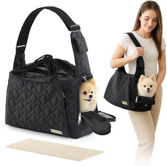 Dog Carrier Sling for Small Dogs, Front Cat Sling & Cats Up to 15 lbs, Dog Purse with Adjustable Strap Front Zipper Pocket, Double Safety Feature, Hands Free for Travel