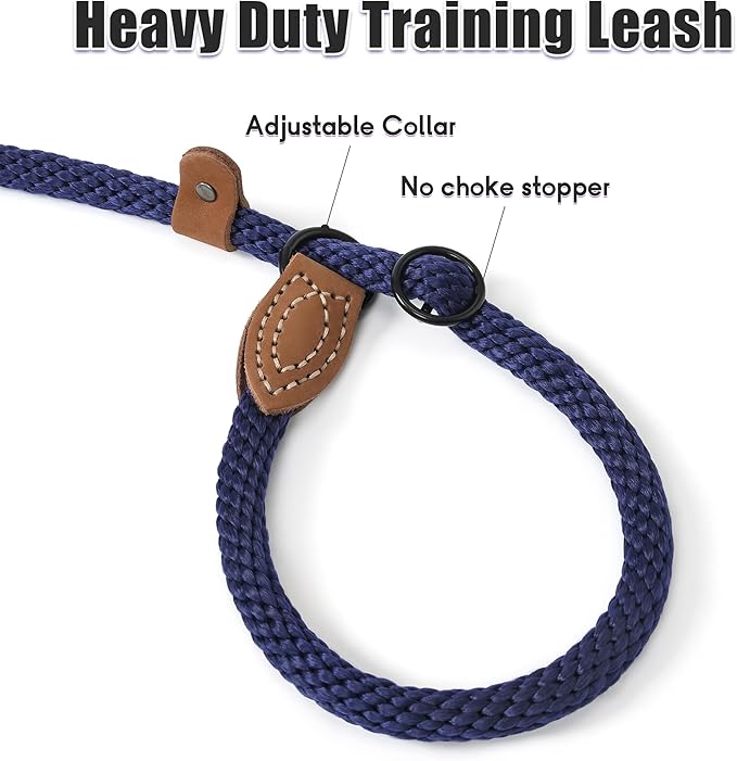 Mile High Life Slip Leads for Dogs | Heavy Duty Dog Training Leash | 4 Feet No Pull Slip Leashes w Leather Tip | Navy Rope Lead for Dogs Outside