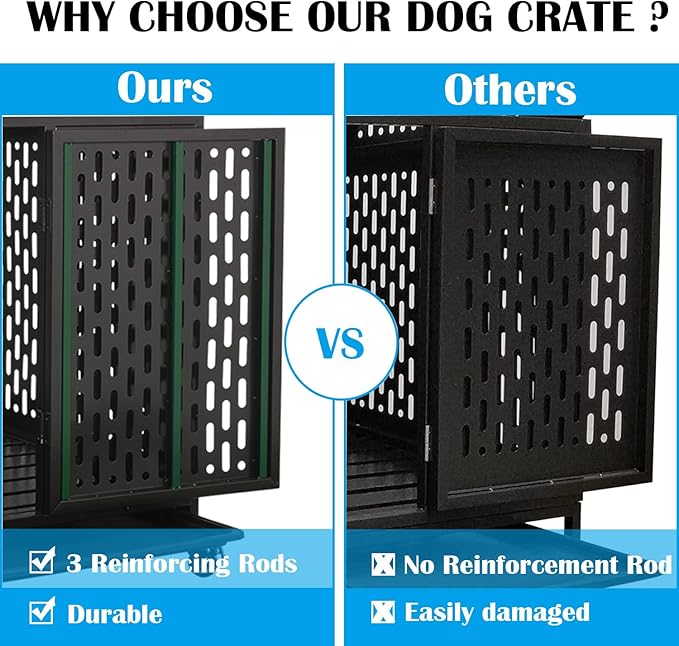 44 Inch Heavy Duty Indestructible Dog Crate with Wheels, Steel Escape-Proof Indoor Double Door High Anxiety Cage, Durable Chew-Proof Kennel with Removable Tray for Large Medium Dogs