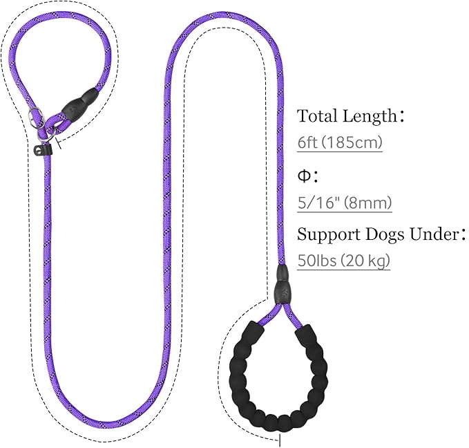 TagME Slip Leads for Dogs that Pull, 6 FT No-Pull Training Leash with Lock, Escape-Proof Design, Reflective & Padded Handle for Small Dogs, Purple