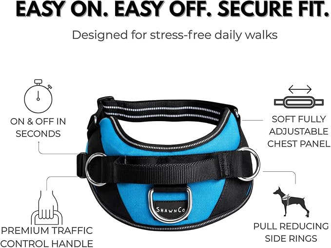 ShawnCo Essential Dog Harness, No-Pull Pet Vest with 3 Leash Clips, No Choke, Reflective, Adjustable and Padded, for Easy Walking and Training for Small, Medium and Large Dogs (Oceanic Blue, XS)