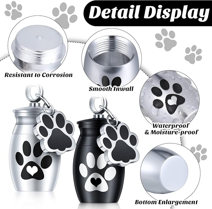 Tudomro 2 Pcs Pet Dog Urns Keychain for Ashes with 2 Storage Bags Small Cat Cremation Keepsake Jewelry Paw Print Memorial Urn