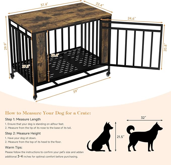 Medium Dog Crate Furniture with Removable Tray & Iron Door, 39" Heavy Duty Indoor Dog House Furniture Side Table with Lockable Wheels, Wooden Pet Kennel Crate for Medium Small Dogs (Black)