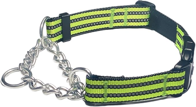 Martingale Collars for Dogs, Heavy Duty Stainless Steel Chain Training Collar, Reflective Nylon Adjustable Collar with Quick Release Buckle, Suitable for Puppy Medium Large Dogs (Green, M)