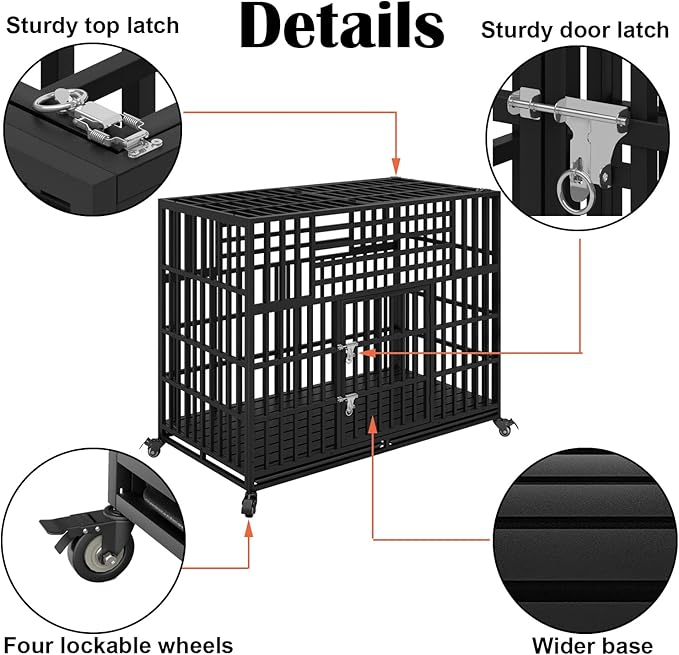 56 inch Indestructible Heavy Duty Dog Crate, Escape-Proof Indoor Impact Dog Cage for Large Giant Dogs, High Anxiety Pet Kennel with 2 Trays, 4 Wheels, 4 Locks and Double Door, XL XXL