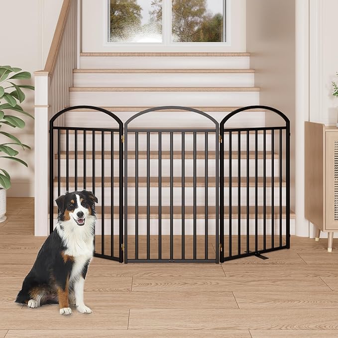 3 Panels Full Matel Freestanding Dog Gates, 72" Extra Wide 36" Tall Free Standing Dog Pet Gate for Indoor & Outdoor. Foldable Pet Fences for Doorways, House, Stairs, Porch, Deck, Yard