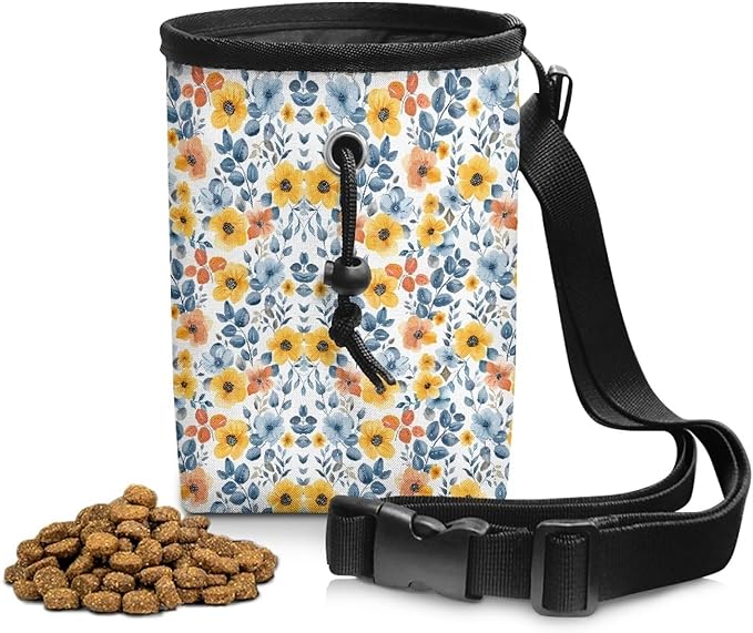 Colorful Floral Puppy Training Pouch 3 Ways to Wear, Hands-Free Design Dog Treat Pouch Pocket Sized Dog Training Treat Pouch Bag Dog Treat Carrier Holder with Waist Belt Shoulder Strap