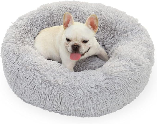 Calming Dog Bed for Medium Dogs Washable Donut 30 inches Anti-Slip Pet Bed,Round Fluffy Plush Faux Fur Cat Bed,Fits up to 45 lbs Pets,Frost Grey