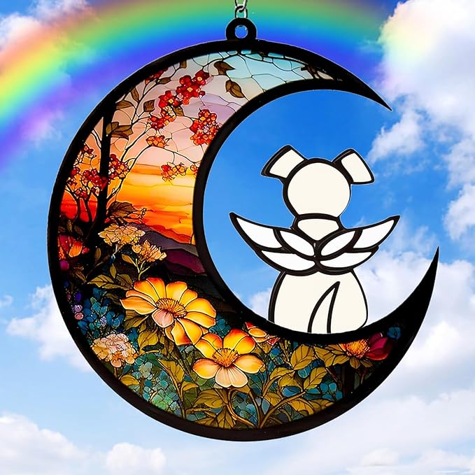 Dog Memorial Gifts for Loss of Dog Suncatcher, White Angel Dog on Sunset Moon Dog Beverage Acrylic Ornaments Decor Window Wall Sympathy Gift for Dog Lover