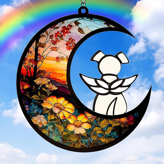 Dog Memorial Gifts for Loss of Dog Suncatcher, White Angel Dog on Sunset Moon Dog Beverage Acrylic Ornaments Decor Window Wall Sympathy Gift for Dog Lover